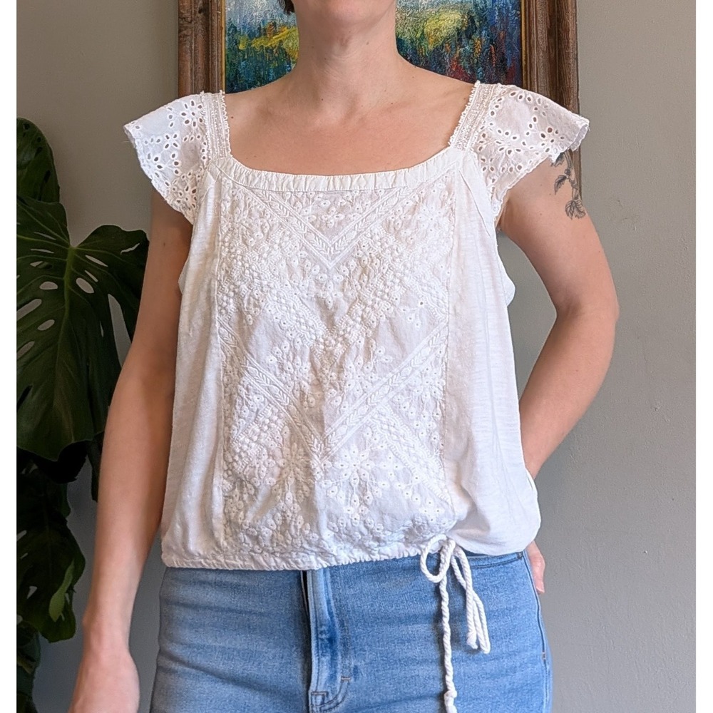 Democracy White Eyelet Lace Top Large Boho Embroidered Drawstring Cottagecore